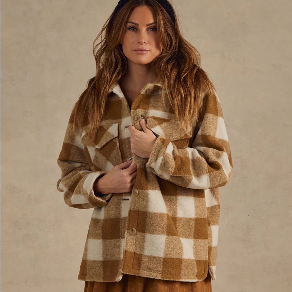 RYLEE + CRU WOMEN'S SHEARLING CHORE COAT / BRASS CHECKER